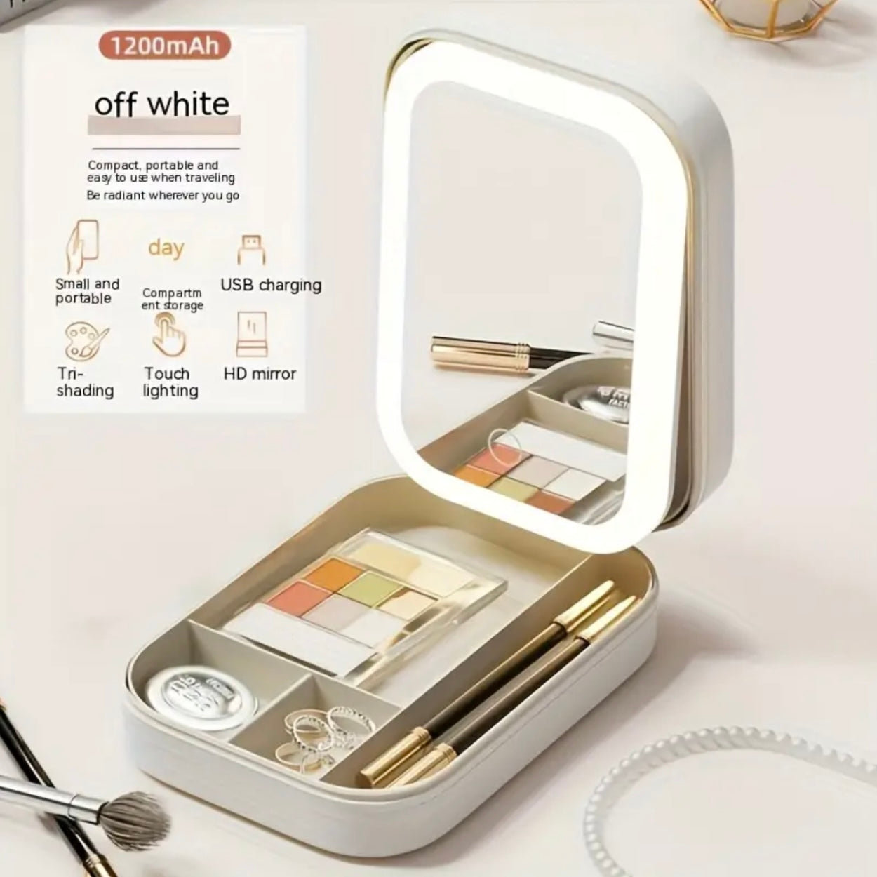LED Illuminated Portable Makeup Mirror, MultiFunctional With 3-Color Lighting, Adjustable Folding Design, Jewelry Storage Compartment, Compact Mirror For Travel & Home Use