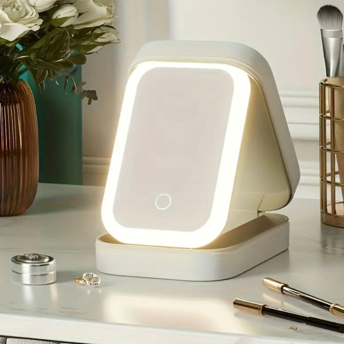 LED Illuminated Portable Makeup Mirror, MultiFunctional With 3-Color Lighting, Adjustable Folding Design, Jewelry Storage Compartment, Compact Mirror For Travel & Home Use