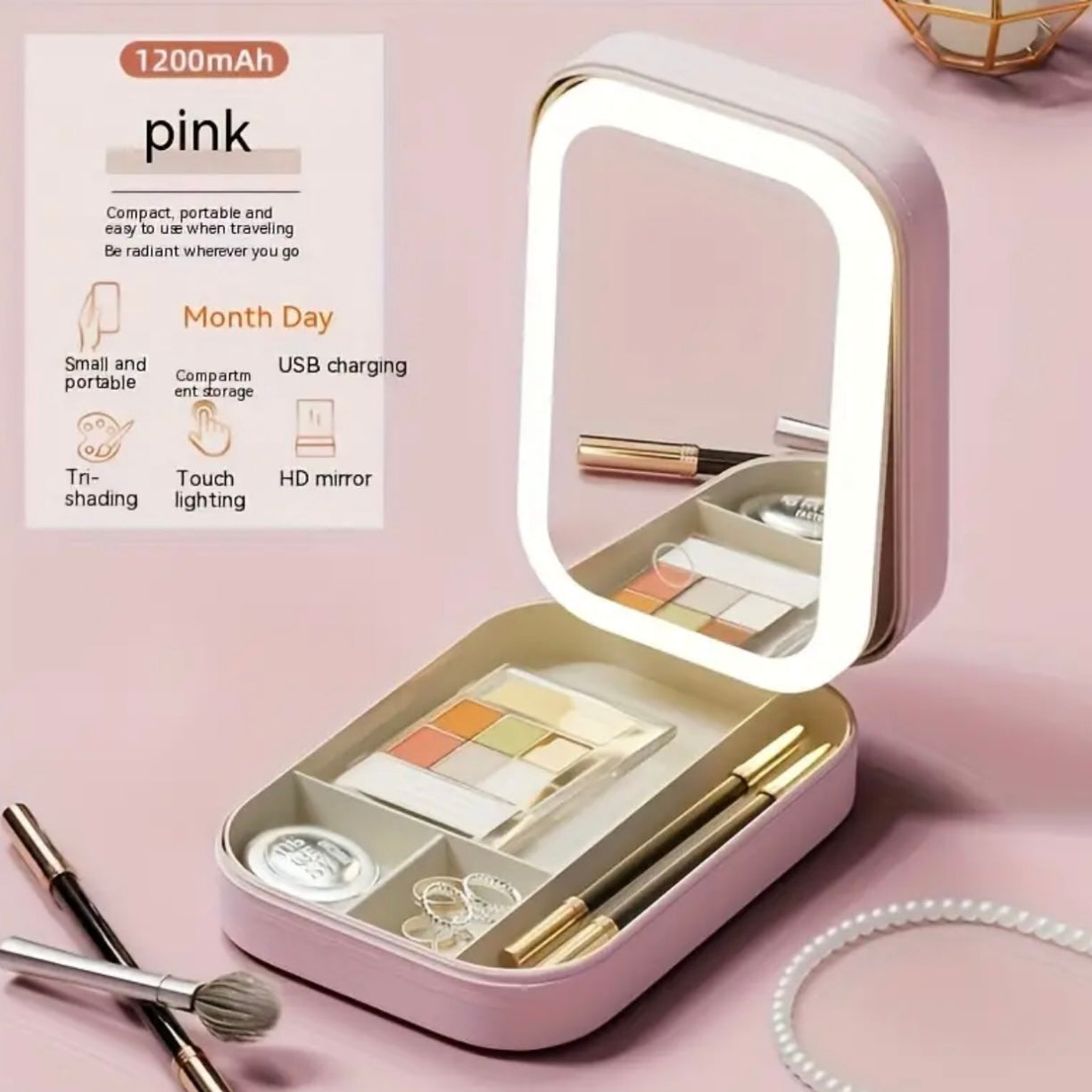 LED Illuminated Portable Makeup Mirror, MultiFunctional With 3-Color Lighting, Adjustable Folding Design, Jewelry Storage Compartment, Compact Mirror For Travel & Home Use